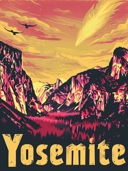 Zonsondergang in Yosemite Valley: Retro Nationaal Park Poster van Travel Shop