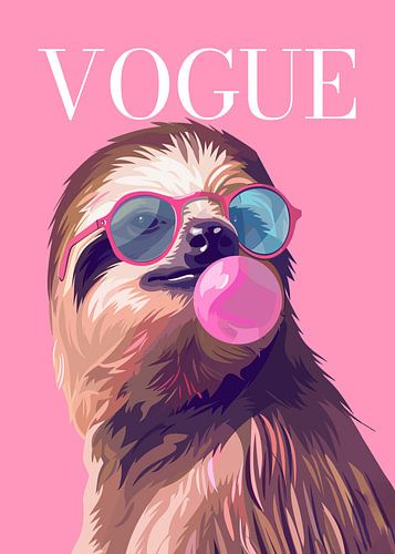 Affiche de mode représentant un paresseux élégant portant des lunettes de soleil et soufflant une bulle de chewing-gum rose