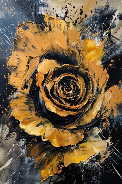 Dynamische abstracte roos in goud en zwart van Art & Soul Creations
