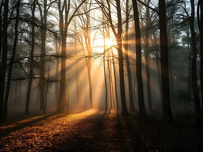 Brouillard magique du matin dans la forêt ensoleillée par ButterflyPix