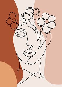 Abstract One Line drawing Visage d'une femme avec des fleurs sur Diana van Tankeren