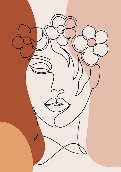 Abstract One Line drawing Visage d'une femme avec des fleurs par Diana van Tankeren