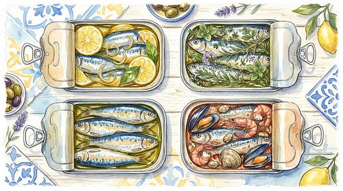 Aquarelillustratie van diverse sardientjes van Ariadna de Raadt-Goldberg