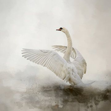 Mute Swan In Abstract Water Landscape Painting