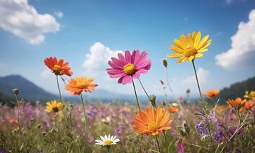Een bloemenveld met een blauwe lucht op de achtergrond