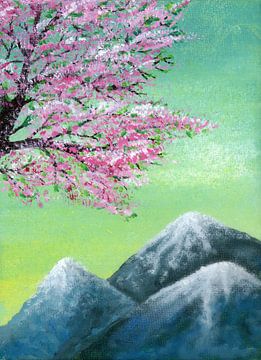 Paysage de montagne avec un arbre en fleurs sur Bianca Wisseloo
