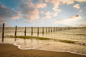 Maasvlakte Strand: Stangen im Meer