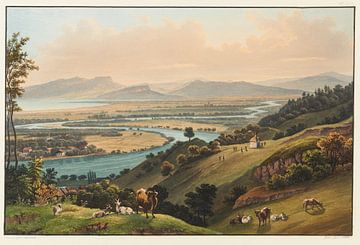 De loop van de Rijn door het dal met uitzicht op het Bodenmeer van bovenaf, Johann Ludwig Bleuler