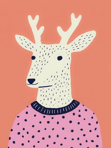 Portrait minimaliste d'un cerf avec un pull-over rose - illustration moderne et ludique