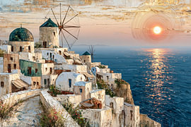 Mediterranes Küstendorf im Sonnenuntergang