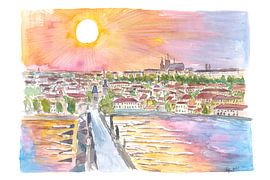 Prague Coucher de soleil Vue sur le Pont Charles et le Château