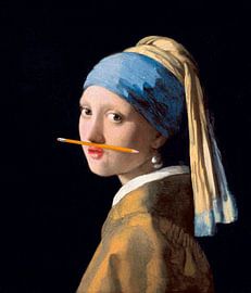 Girl with a Pearl Earring with a pencil under her nose by Maarten Knops