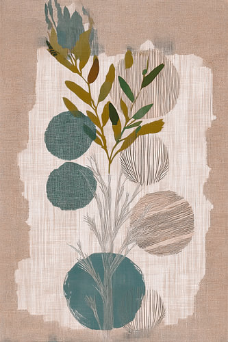 Wabi-Sabi-Kunst: Botanische Zweige auf Leinen mit Textur in Erdtönen