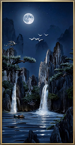 Kunstwerk: Wasserfall im Mondlicht und Berglandschaft