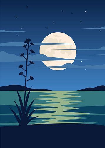 Affiche représentant un paysage nocturne minimaliste et serein, avec une pleine lune éclatante se reflétant sur une eau calme, accompagnée de silhouettes.