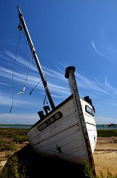 Schipbreuk, oude vissersboot in de Algarve, Portugal. van Iris Heuer