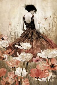 Woman in a field of tulips van Bianca ter Riet