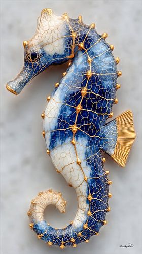 zeepaardje in delfts blauw en goud op een wit marmeren achtergrond