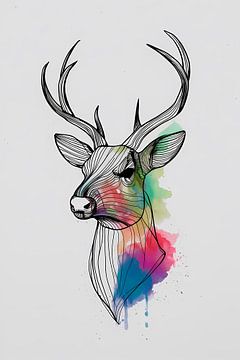 Minimalistische Strichzeichnungen von Hirschen in Farbexplosion von De Muurdecoratie