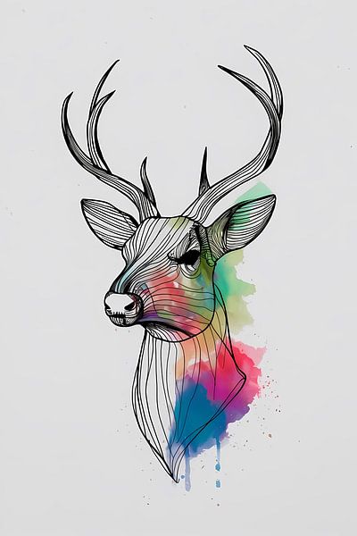 Minimalistisch lijnkunst hert in kleurexplosie van Art & Soul Creations