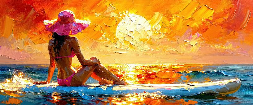Woman with pink hat on a paddleboard at the blue sea in the magic of the setting sun by AidasignArt
