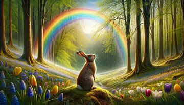 Lentewonderland met konijn en regenboog van artefacti