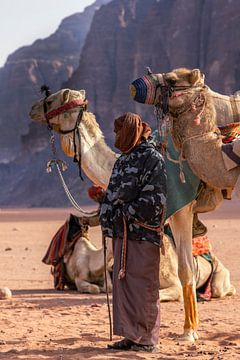 Bédouin avec des chameaux dans le désert de Wadi Rum sur Sander Groenendijk