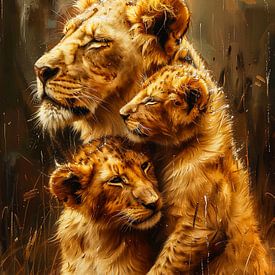 Lions | Lioness with family cuddling in the rain