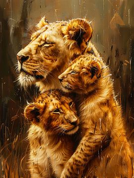 Löwen | Löwin mit Familie kuschelt  im Regen