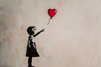 Silhouet van meisje met rode hartvormige ballon