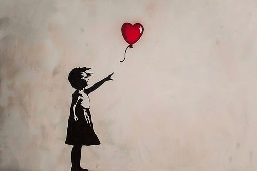 Silhouet van meisje met rode hartvormige ballon