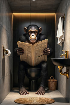 Fantasy Wall Art: THE NEWS APE – Een aap zit op het toilet met zijn krant