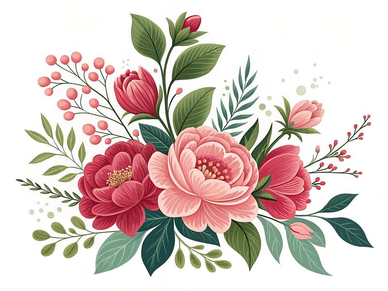 Levendig bloemstuk met pioenen en bessen van Artistic