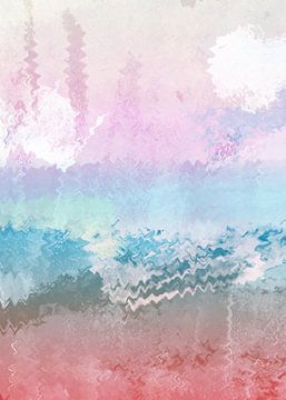 Luchtkastelen I. Kleurrijk abstract landschap in roze, blauw, rood van Dina Dankers