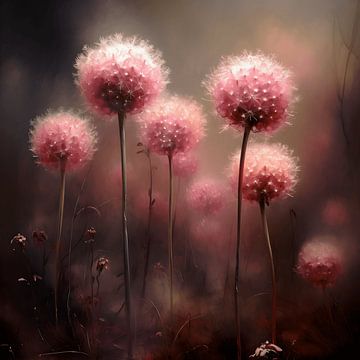 Mystical Pink Alliums in the Mist: Ein verträumtes Feld mit blühenden Blumen von Karina Brouwer