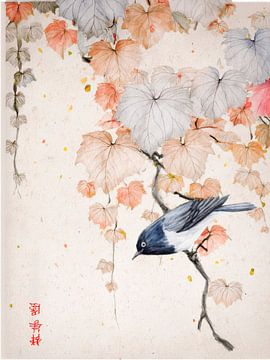 Japandi Art. Klassische japanische Kunst: Vogel auf einer Weinrebe.