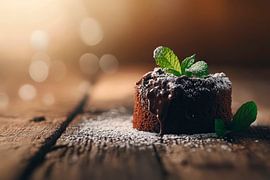 Chocolate cake with mint on a wooden plate by Poster Art Shop