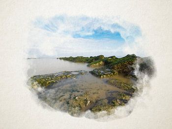 Brise-lames sous un ciel bleu à l'aquarelle