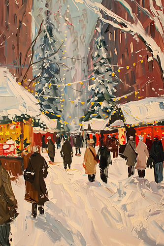Weihnachtsbeleuchtung | Menschen auf verschneitem Weihnachtsmarkt