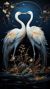 Cranes Under Moonlight by Art Lovers