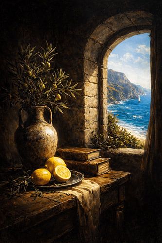Toile « Fenêtre sur la Méditerranée » - Nature morte antique en intérieur - Paysage côtier italien