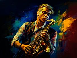 Un saxophoniste passionné par son instrument dans un décor haut en couleur sur STUDIO ARTSY