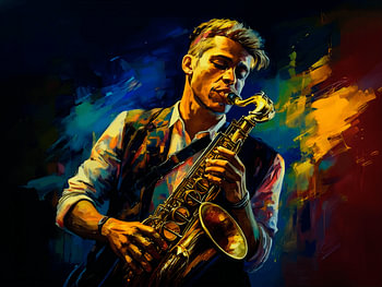 Saxophonist mit Leidenschaft für sein Instrument in farbenfroher Kulisse