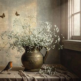 Rotkehlchen am Krug mit weißen Blumen - Vintage und nostalgisches Kunstwerk von Emiel de Lange