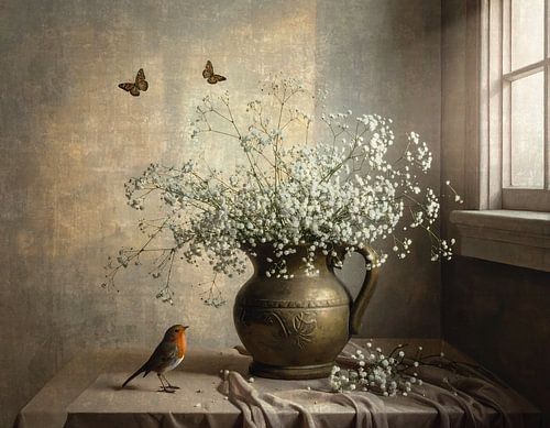 Roodborstje bij kruik met witte bloemen - vintage en nostalgisch kunstwerk