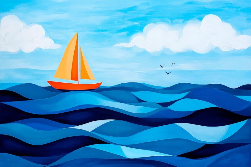 Colourful sailboat on blue waves by Poster Art Shop