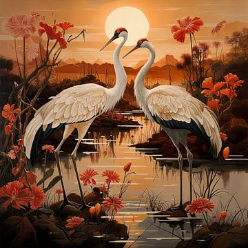 Kraanvogels Kunst Oranje van Blikvanger Schilderijen