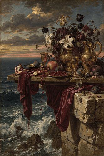Maritime Baroque Banquet Canvas - Antique Still Life on Cliff - Dark Coastal Oil Painting Print