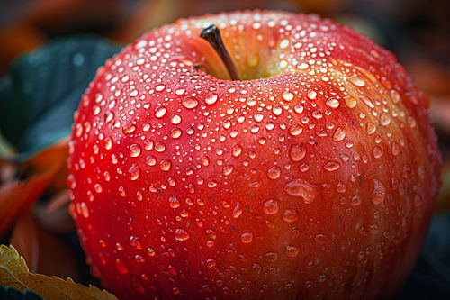 Frisse ochtenddauw op rode appel