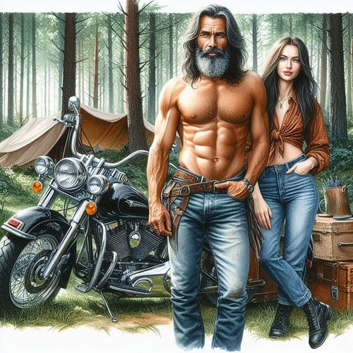 man en vrouw met motor kamperen in het bos